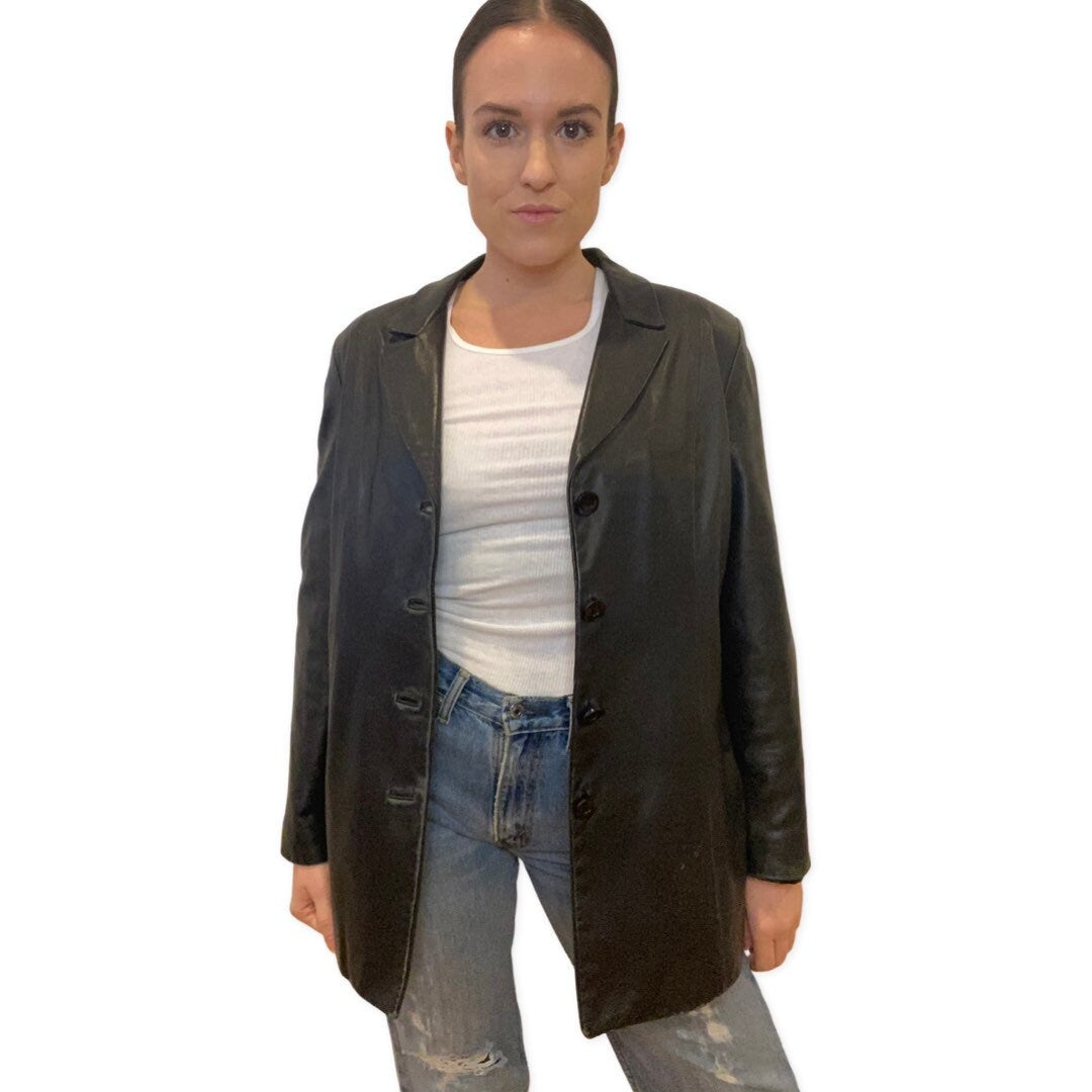 Black Leather Jacket, Y2K, Minimalist Leather Blazer Coat, Mid Length Jacket, Medium, Large, Jackets and Coats, Streetwear, Grunge