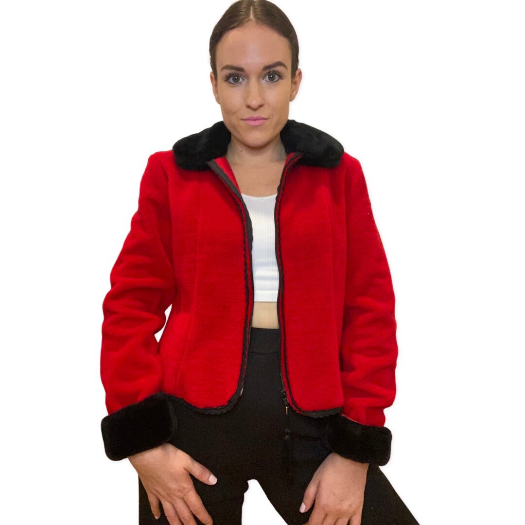 Vintage Fleece Jacket Zip, Up Faux Fur Collar and Cuffs, Red Jacket, Black Trim, Suttles and Seawinds, Size Small, Womens 80s Sweater, Red