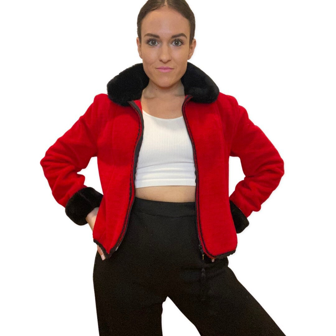 Vintage Fleece Jacket Zip, Up Faux Fur Collar and Cuffs, Red Jacket, Black Trim, Suttles and Seawinds, Size Small, Womens 80s Sweater, Red