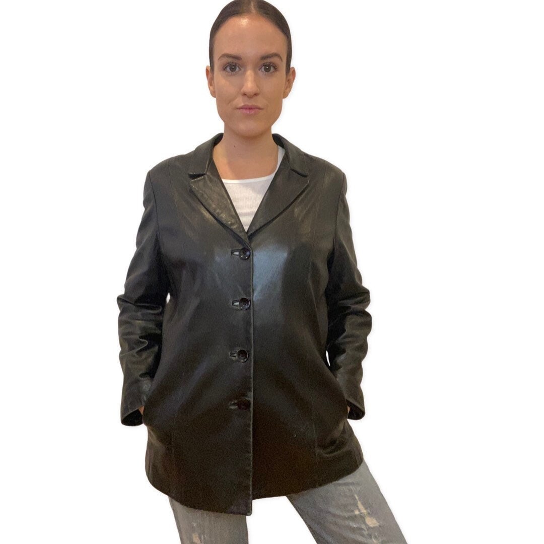 Black Leather Jacket, Y2K, Minimalist Leather Blazer Coat, Mid Length Jacket, Medium, Large, Jackets and Coats, Streetwear, Grunge