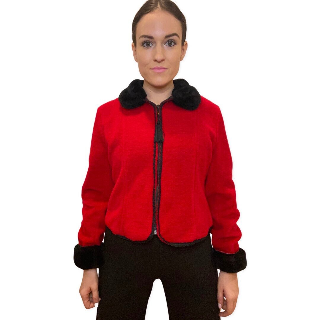 Vintage Fleece Jacket Zip, Up Faux Fur Collar and Cuffs, Red Jacket, Black Trim, Suttles and Seawinds, Size Small, Womens 80s Sweater, Red