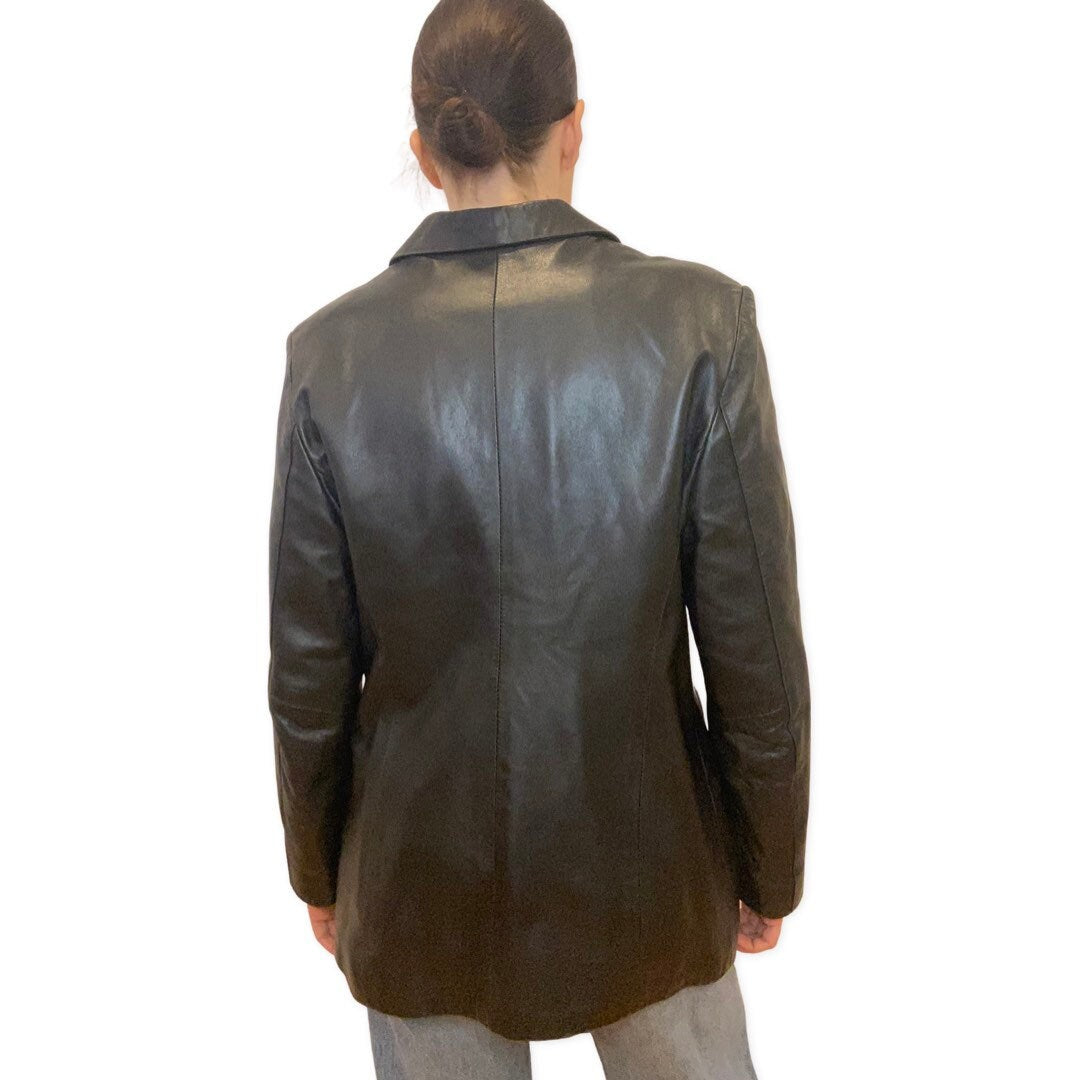 Black Leather Jacket, Y2K, Minimalist Leather Blazer Coat, Mid Length Jacket, Medium, Large, Jackets and Coats, Streetwear, Grunge