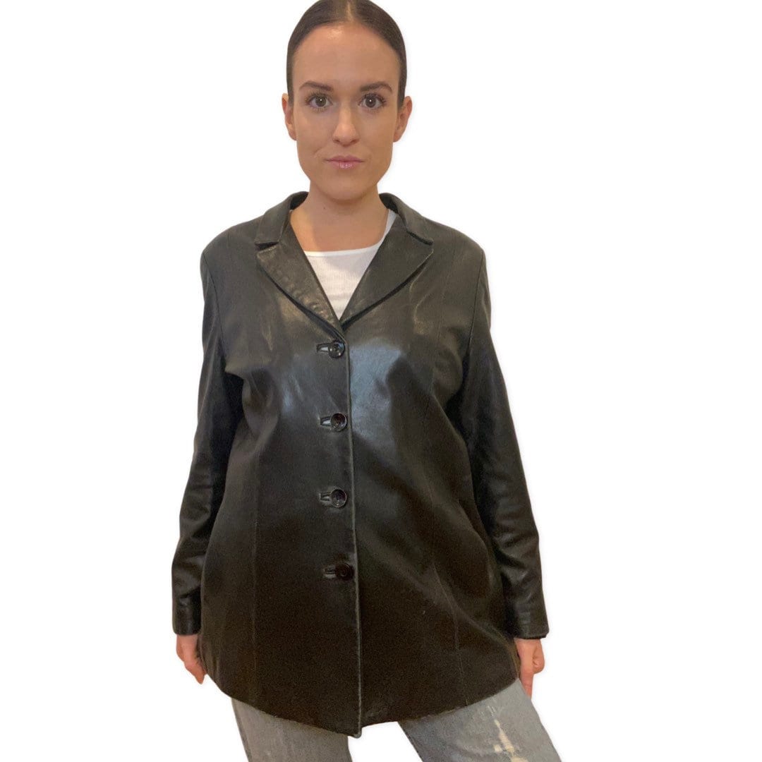 Black Leather Jacket, Y2K, Minimalist Leather Blazer Coat, Mid Length Jacket, Medium, Large, Jackets and Coats, Streetwear, Grunge