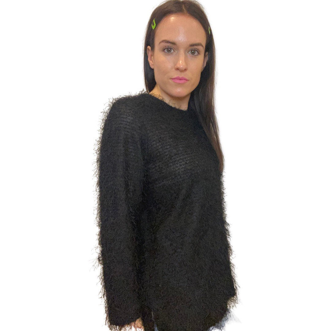 Black Fuzzy Clueless Shirt, Oversized Black Sweater, Fluffy Warm Sweater, Retro Y2K Fashion, Grunge, Fuzzy Rave Sweater, Pullover Jumper