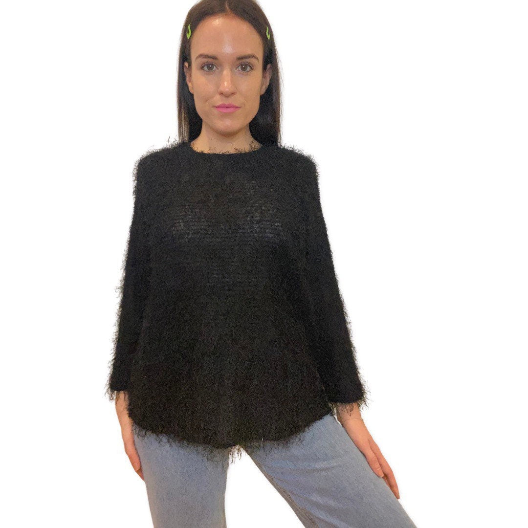 Black Fuzzy Clueless Shirt, Oversized Black Sweater, Fluffy Warm Sweater, Retro Y2K Fashion, Grunge, Fuzzy Rave Sweater, Pullover Jumper