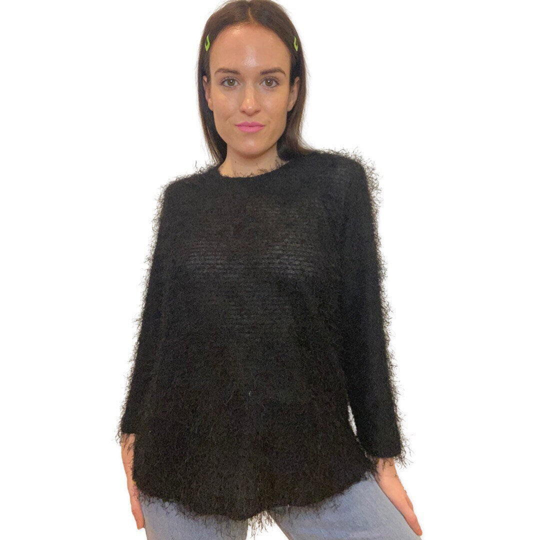 Black Fuzzy Clueless Shirt, Oversized Black Sweater, Fluffy Warm Sweater, Retro Y2K Fashion, Grunge, Fuzzy Rave Sweater, Pullover Jumper