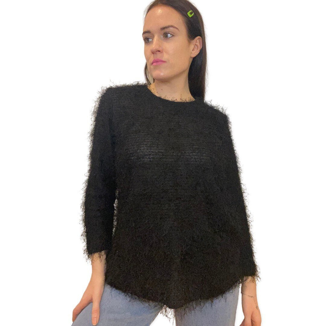 Black Fuzzy Clueless Shirt, Oversized Black Sweater, Fluffy Warm Sweater, Retro Y2K Fashion, Grunge, Fuzzy Rave Sweater, Pullover Jumper