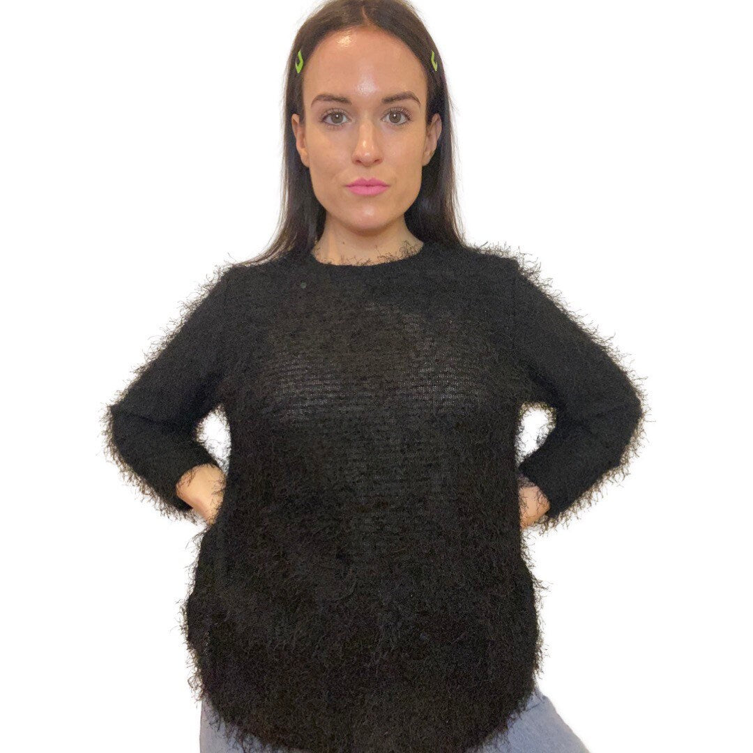 Black Fuzzy Clueless Shirt, Oversized Black Sweater, Fluffy Warm Sweater, Retro Y2K Fashion, Grunge, Fuzzy Rave Sweater, Pullover Jumper