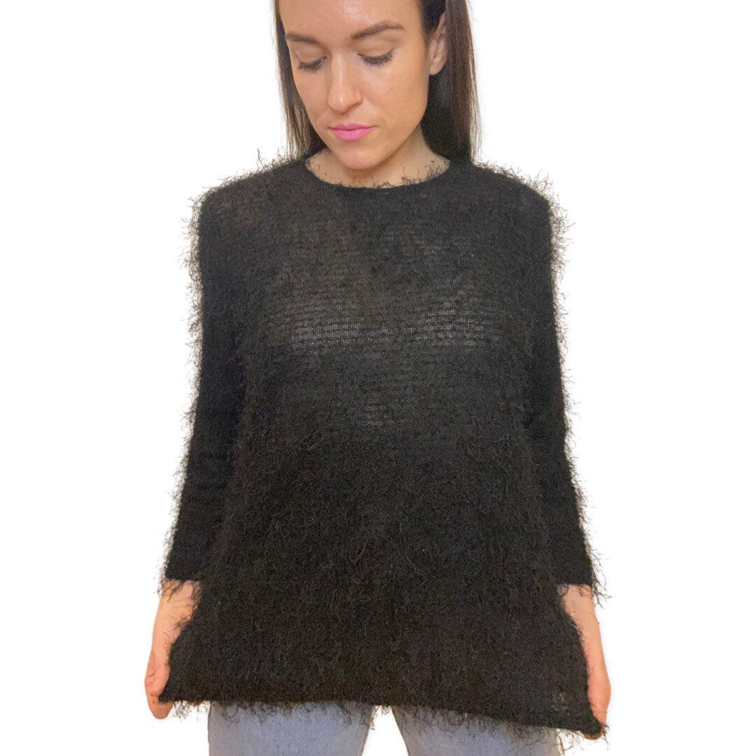 Black Fuzzy Clueless Shirt, Oversized Black Sweater, Fluffy Warm Sweater, Retro Y2K Fashion, Grunge, Fuzzy Rave Sweater, Pullover Jumper