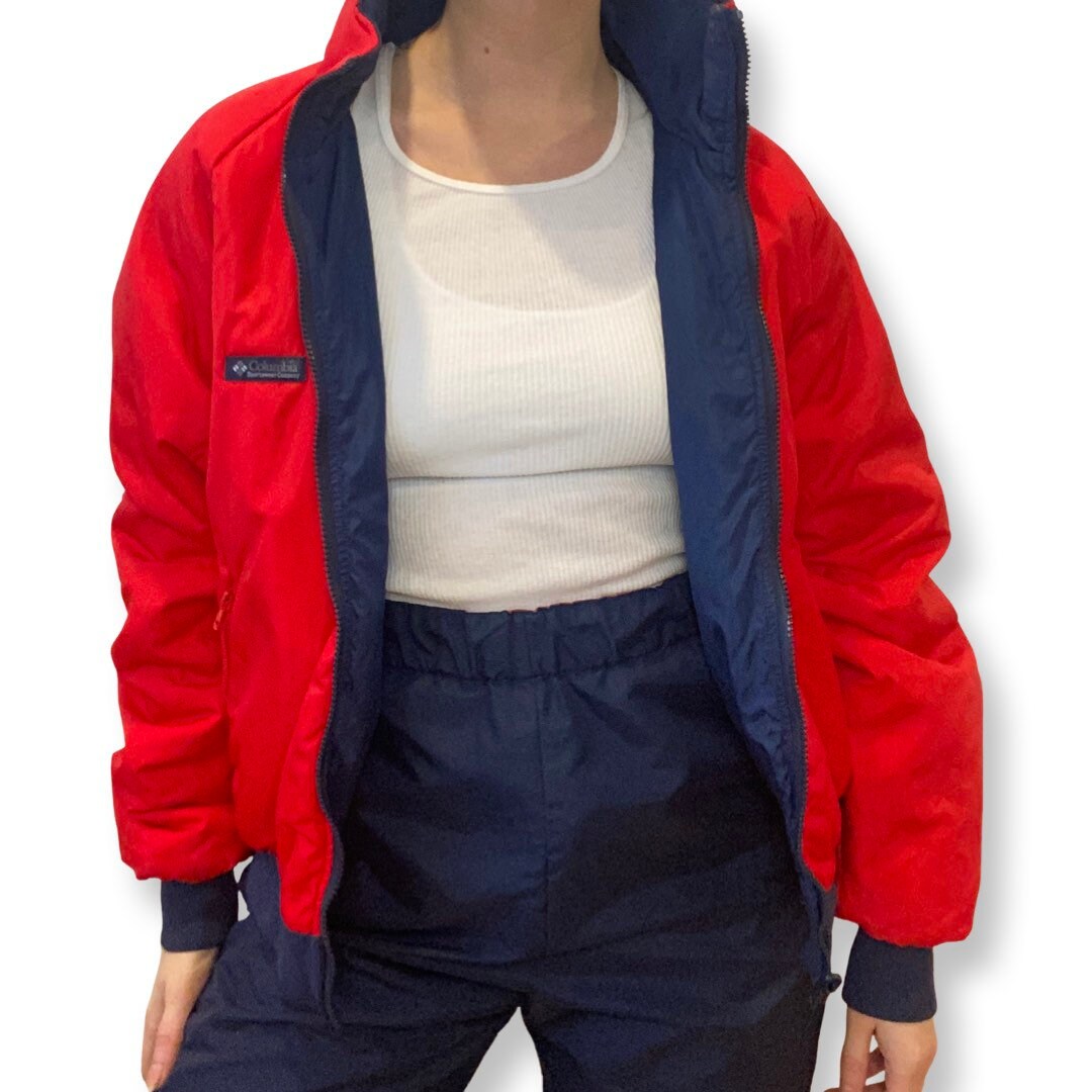 80's Ski Suit, Snowsuit, 1980s Ski Suit, Jacket and Snow Pants, Columbia, Red, Navy Blue, FluorescentTwo Piece Snow Suit