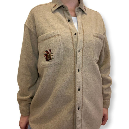 80's Ski Fleece, Button Down Shirt, Vintage Cottage Core Button Up Fleece Embroidered Duck, Size Medium, Beige, 80s Ski Wear