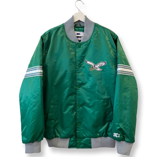 Vintage EAGLES STARTER Varsity Jacket, Satin Bomber Jacket, Green, Vintage 80s Starter Jacket, Size Large, Embroidered Logo, NFL Streetwear