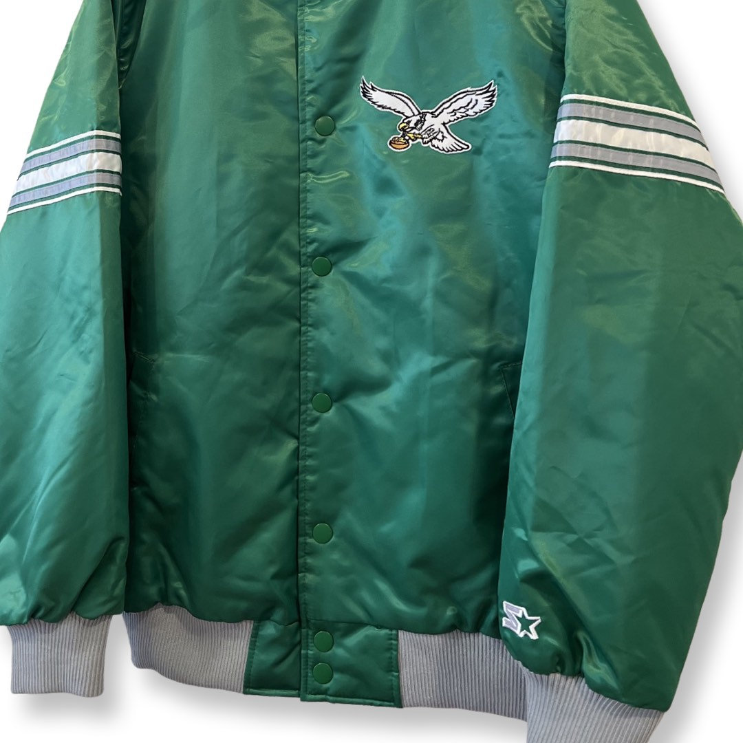 Vintage EAGLES STARTER Varsity Jacket, Satin Bomber Jacket, Green, Vintage 80s Starter Jacket, Size Large, Embroidered Logo, NFL Streetwear