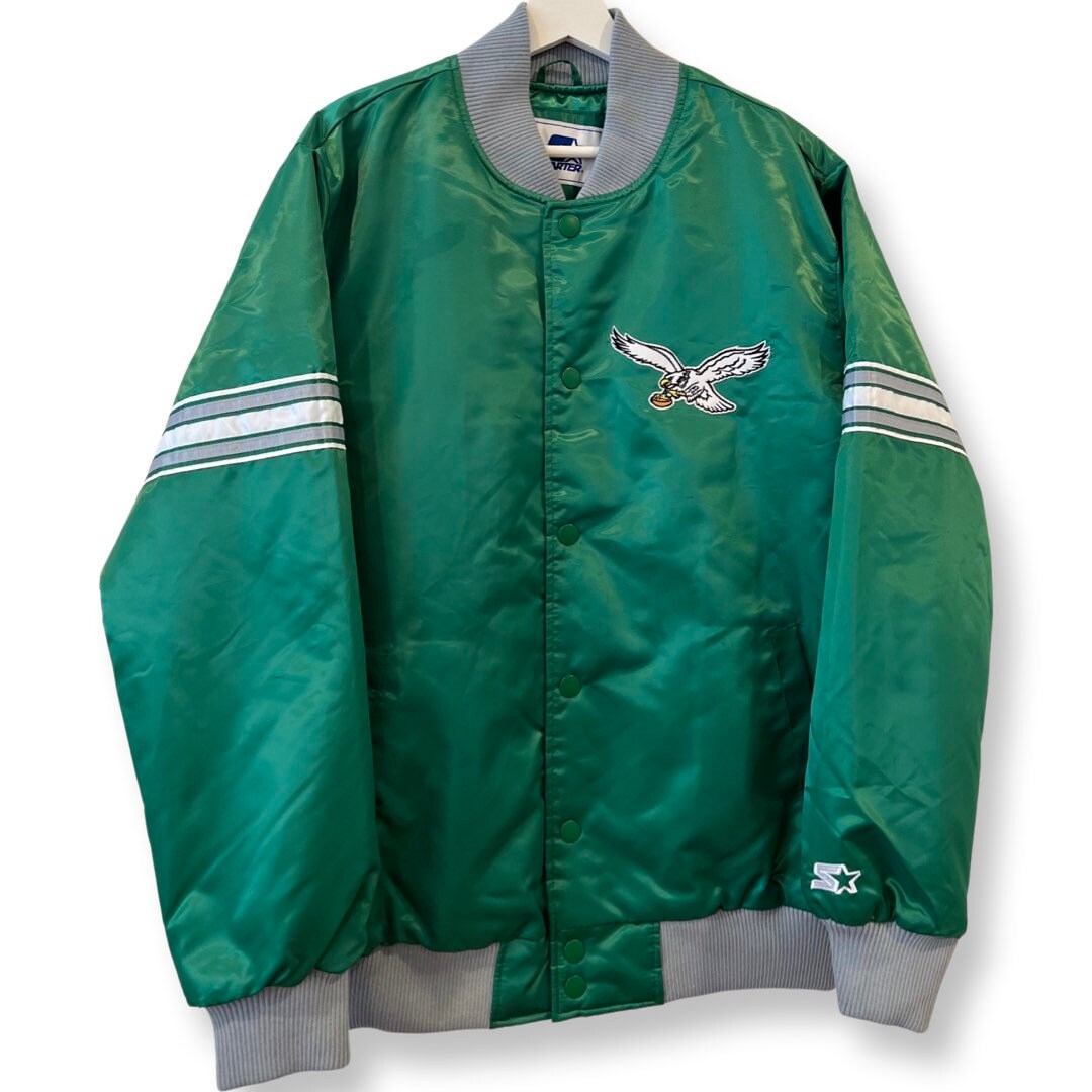 Vintage EAGLES STARTER Varsity Jacket, Satin Bomber Jacket, Green, Vintage 80s Starter Jacket, Size Large, Embroidered Logo, NFL Streetwear