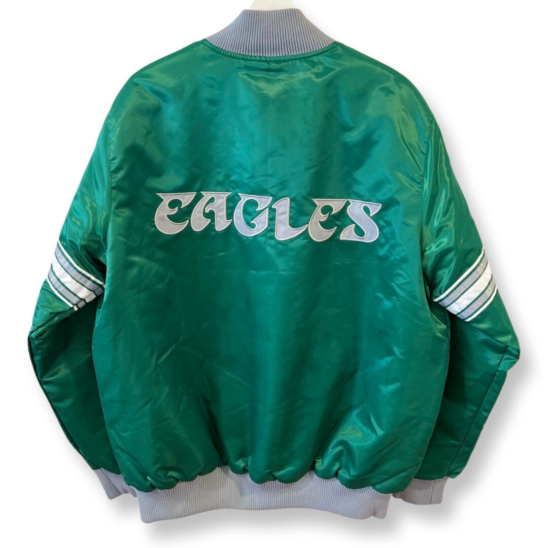 Vintage EAGLES STARTER Varsity Jacket, Satin Bomber Jacket, Green, Vintage 80s Starter Jacket, Size Large, Embroidered Logo, NFL Streetwear