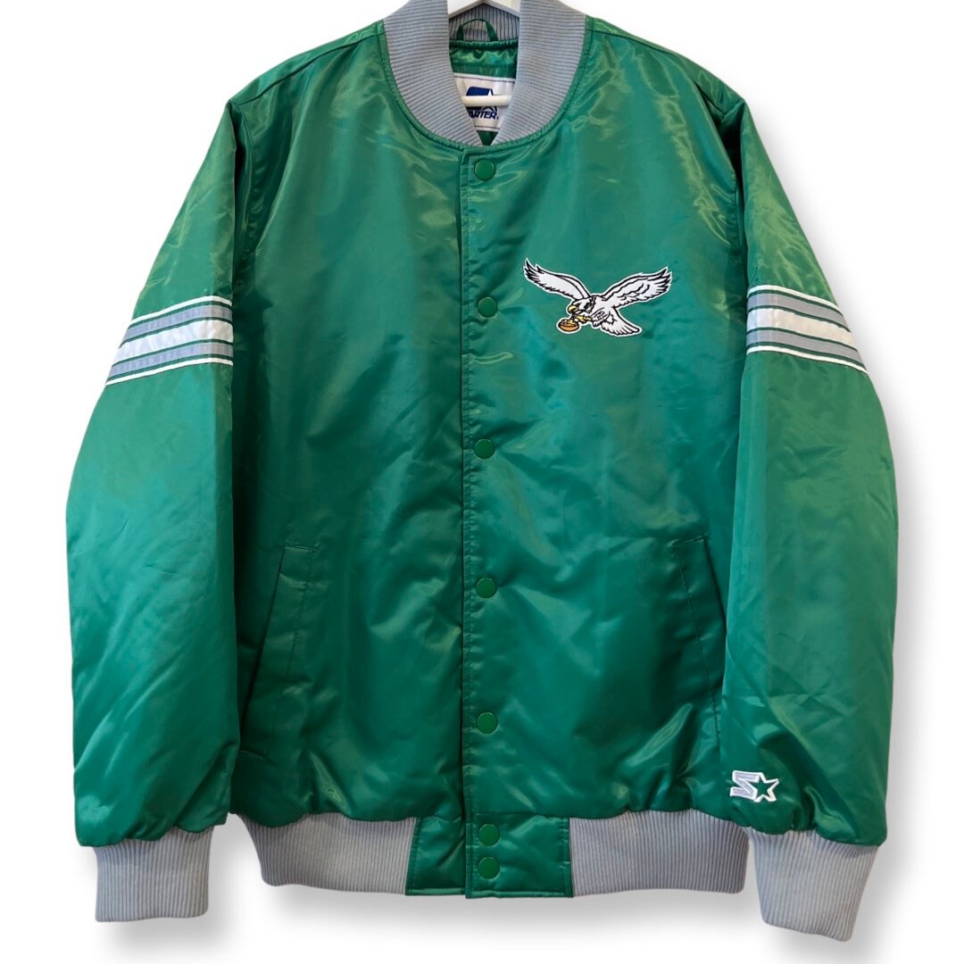 Vintage EAGLES STARTER Varsity Jacket, Satin Bomber Jacket, Green, Vintage 80s Starter Jacket, Size Large, Embroidered Logo, NFL Streetwear