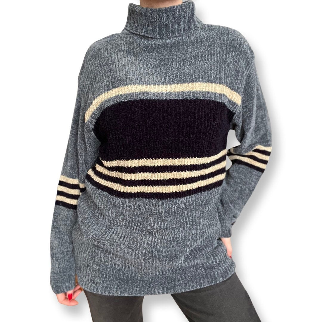 Chenille Sweater, 90s Turtleneck, Oversized Chenille Sweater, West Coast Connection, Navy Blue, Grey, Y2K