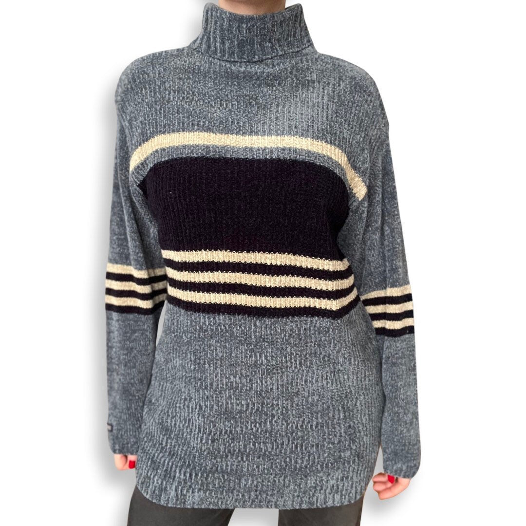 Chenille Sweater, 90s Turtleneck, Oversized Chenille Sweater, West Coast Connection, Navy Blue, Grey, Y2K