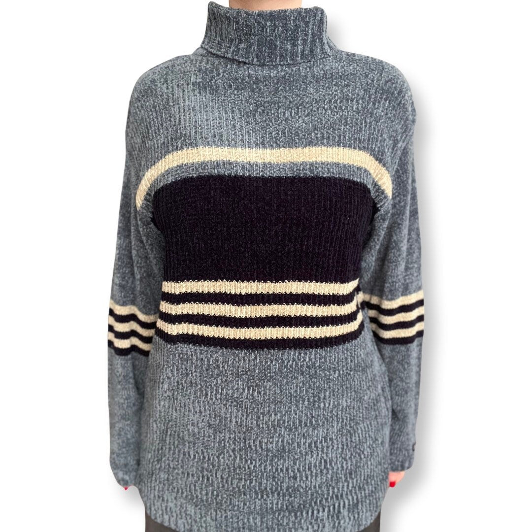 Chenille Sweater, 90s Turtleneck, Oversized Chenille Sweater, West Coast Connection, Navy Blue, Grey, Y2K