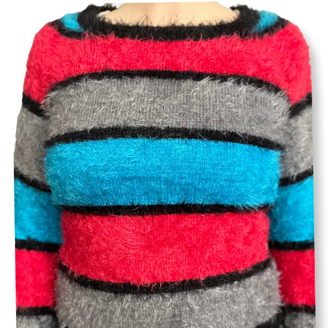 Y2K Fuzzy Sweater XS, Stripped Sweater, Pullover, Blue, Red, Black, 2000's Fashion, Streetwear, Women's Top