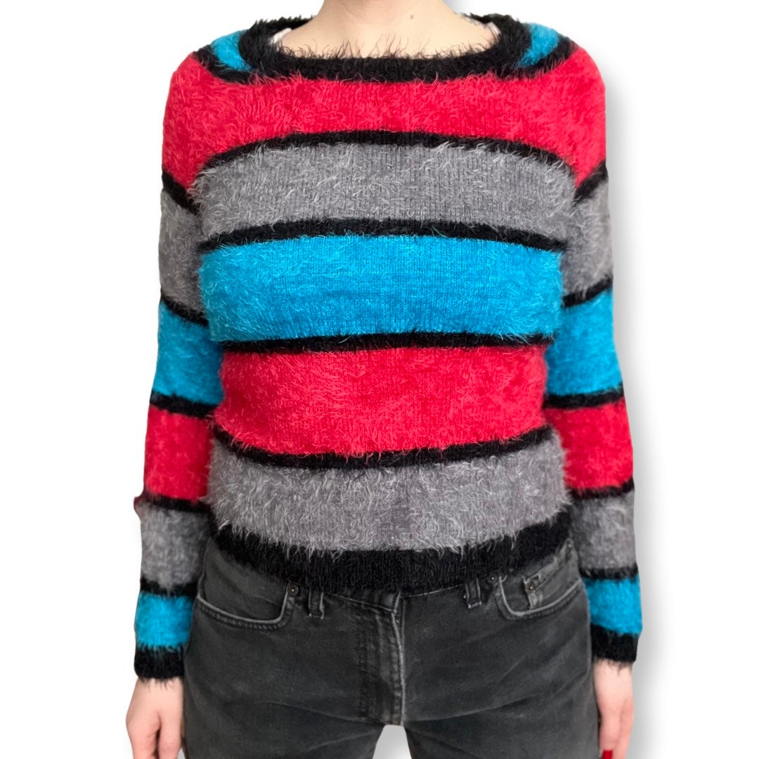 Y2K Fuzzy Sweater XS, Stripped Sweater, Pullover, Blue, Red, Black, 2000's Fashion, Streetwear, Women's Top