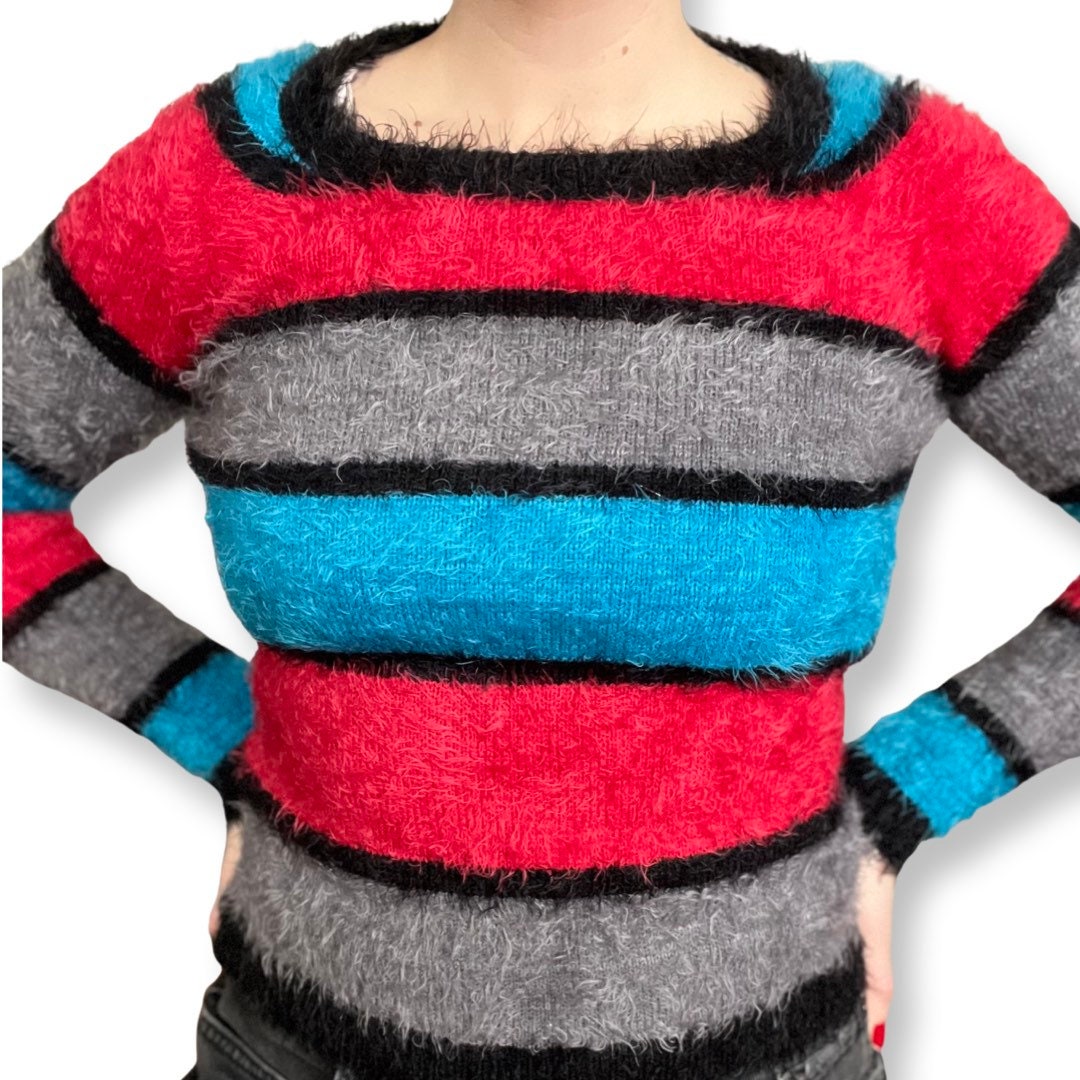 Y2K Fuzzy Sweater XS, Stripped Sweater, Pullover, Blue, Red, Black, 2000's Fashion, Streetwear, Women's Top