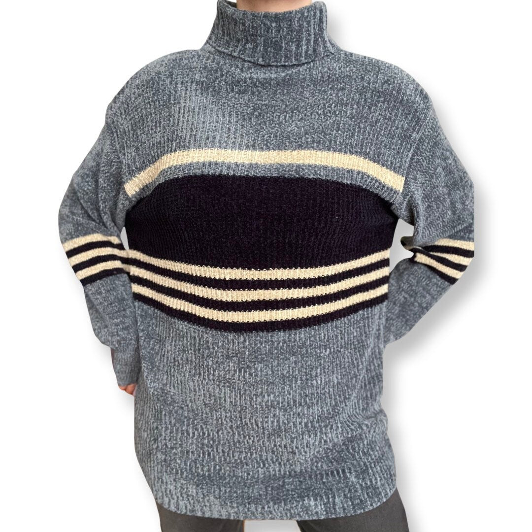 Chenille Sweater, 90s Turtleneck, Oversized Chenille Sweater, West Coast Connection, Navy Blue, Grey, Y2K