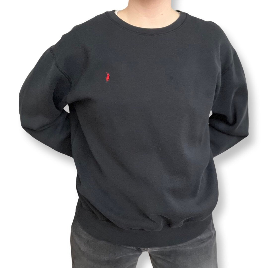 Ralph Lauren Black Faded Crewneck, Vintage Sweater, Oversized, Cotton, Medium, Ralph Lauren, 90's Streetwear