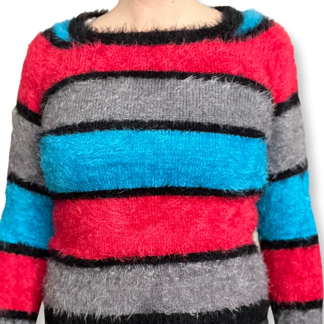 Y2K Fuzzy Sweater XS, Stripped Sweater, Pullover, Blue, Red, Black, 2000's Fashion, Streetwear, Women's Top