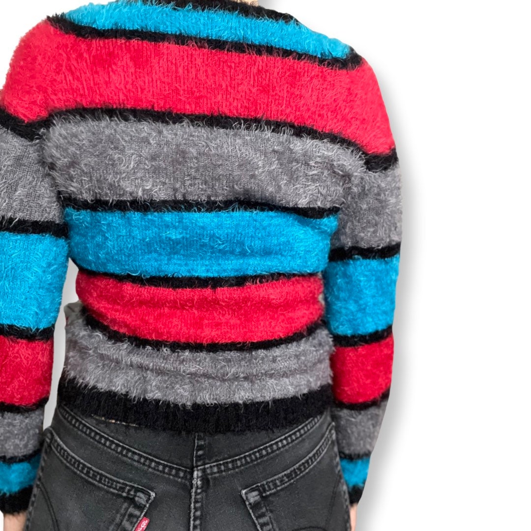 Y2K Fuzzy Sweater XS, Stripped Sweater, Pullover, Blue, Red, Black, 2000's Fashion, Streetwear, Women's Top