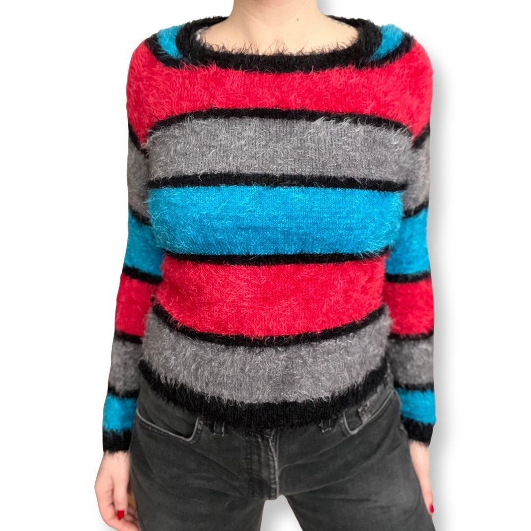 Y2K Fuzzy Sweater XS, Stripped Sweater, Pullover, Blue, Red, Black, 2000's Fashion, Streetwear, Women's Top