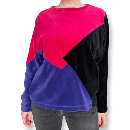 80's Velvet Top, Color Block Velvet Shirt, Long Sleeve Top, Pink, Purple, Black