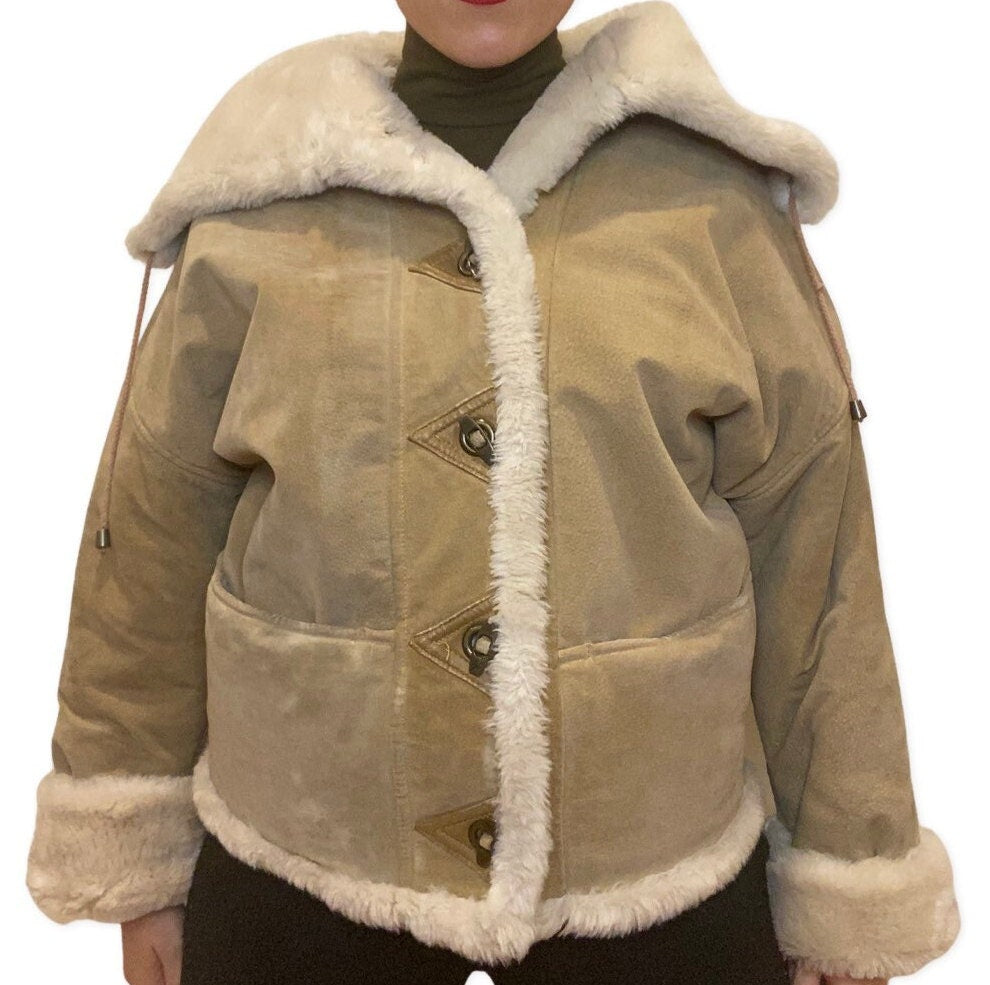 80's Suede Jacket, Beige Authentic Suede Coat with Faux Fur Lining, Size Small, Jackets and Coats, 80s Ski, Nubuck, Tan, Bomber Coat