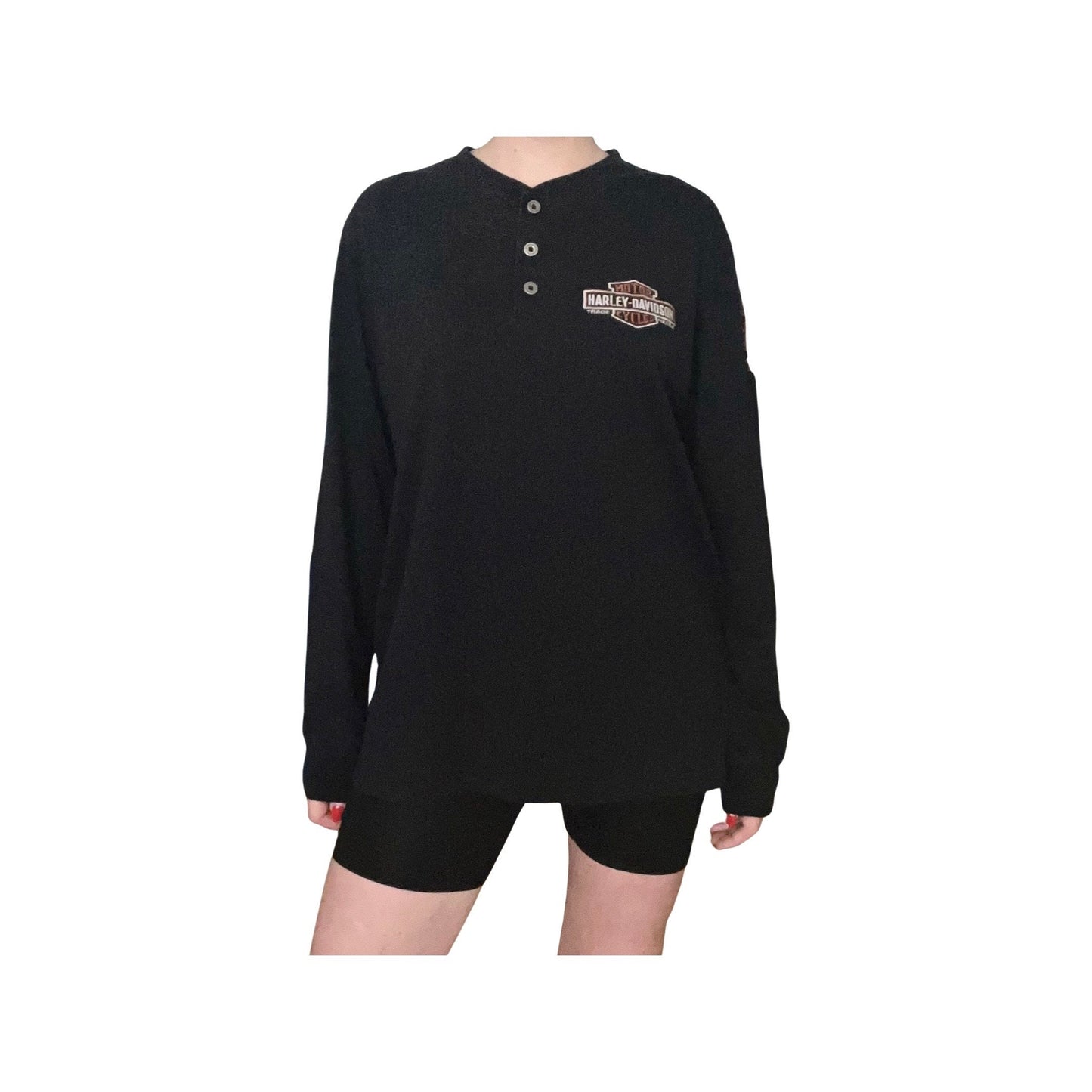 Harley Davidson Long Sleeve Henley, Black, Size Large, Vintage Oversized Y2K Streetwear