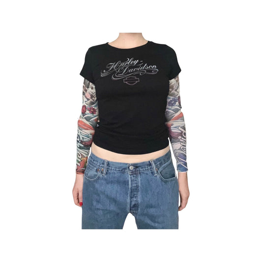 Harley Davidson Top, Mesh Koi Fish Sleeves, Size Medium, Women's Top