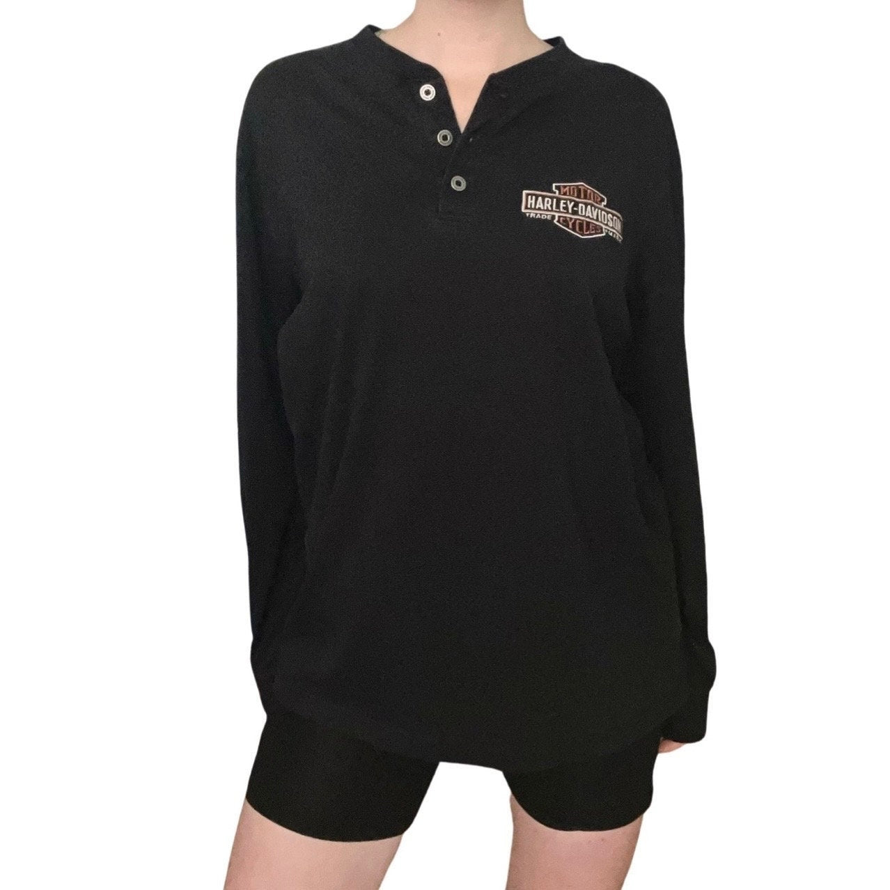 Harley Davidson Long Sleeve Henley, Black, Size Large, Vintage Oversized Y2K Streetwear