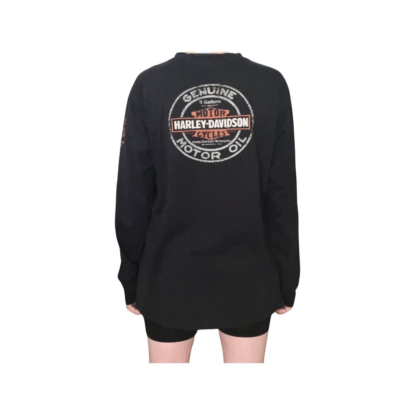 Harley Davidson Long Sleeve Henley, Black, Size Large, Vintage Oversized Y2K Streetwear