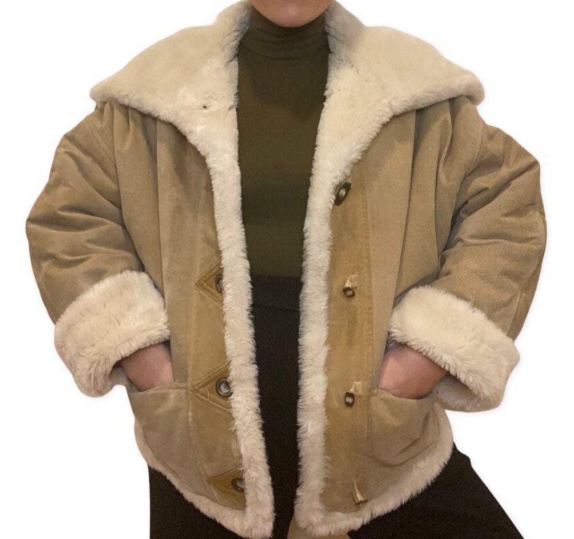 80's Suede Jacket, Beige Authentic Suede Coat with Faux Fur Lining, Size Small, Jackets and Coats, 80s Ski, Nubuck, Tan, Bomber Coat