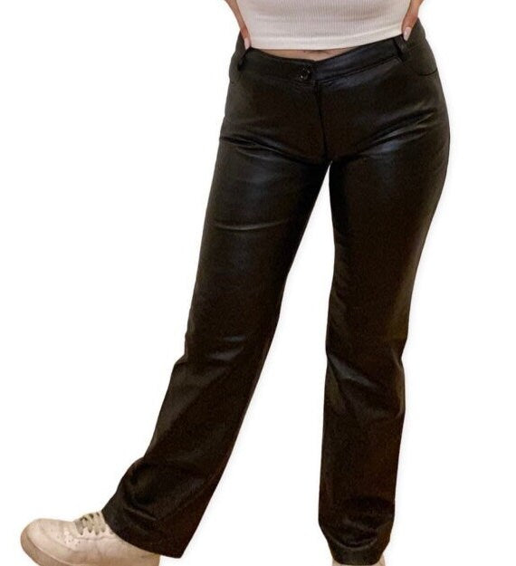 Leather Pants, Y2K, Low Rise Wide Leg Genuine Leather Size Medium, Trousers, Straight Leg Pants, Grunge, Laurence Roy size 12