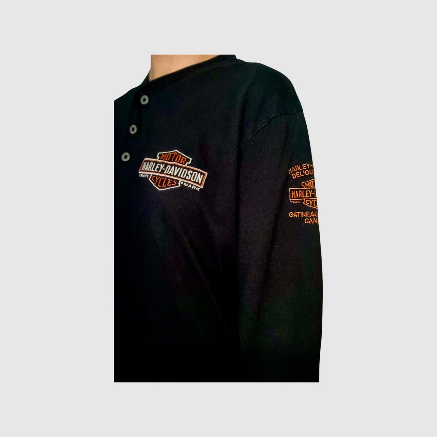 Harley Davidson Long Sleeve Henley, Black, Size Large, Vintage Oversized Y2K Streetwear