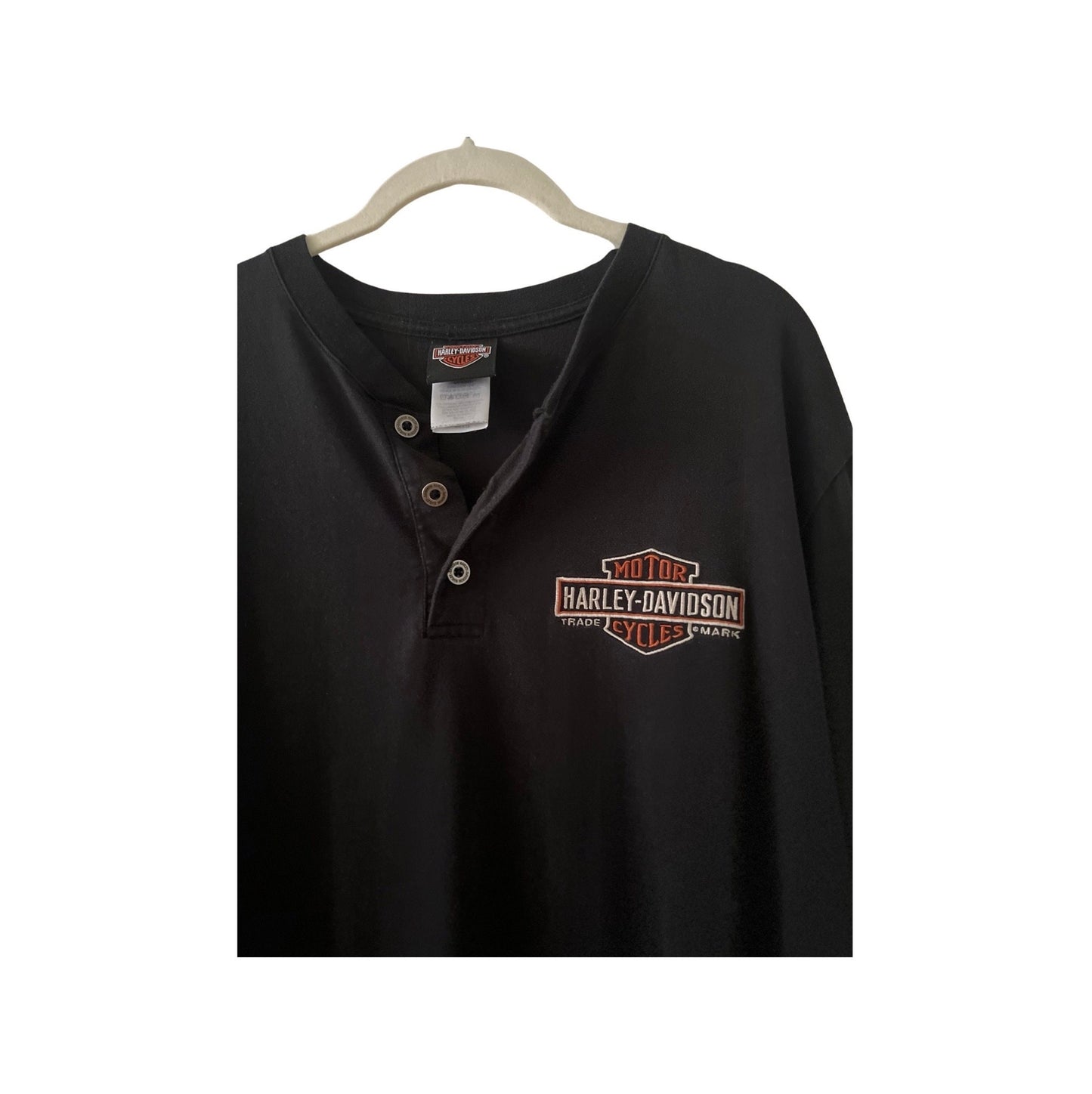 Harley Davidson Long Sleeve Henley, Black, Size Large, Vintage Oversized Y2K Streetwear