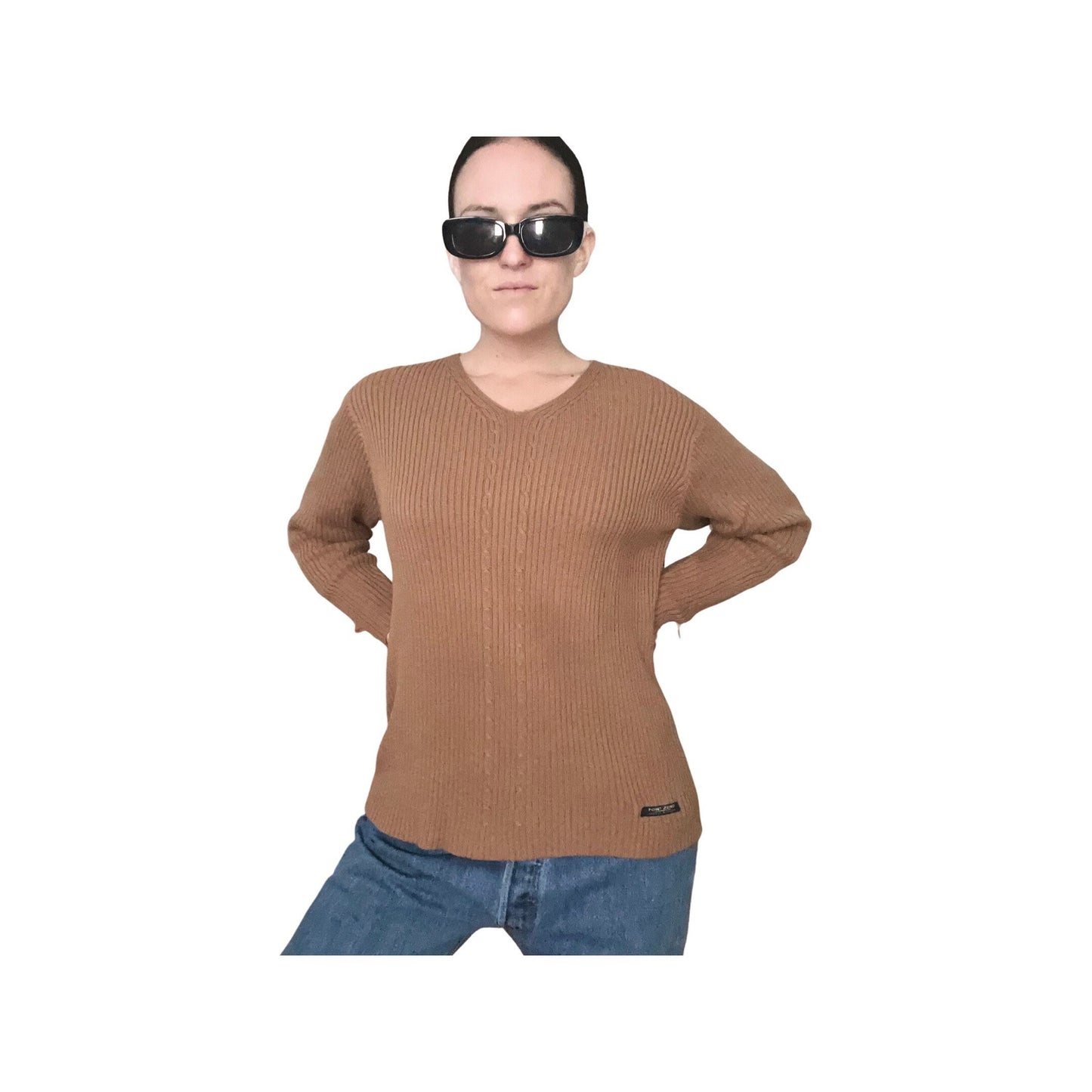 Brown Ribbed Sweater, Y2K, Point Zero Sweater, Vneck Long Sleeve Pull Over, Jumper, Tan Brown Fall Sweater