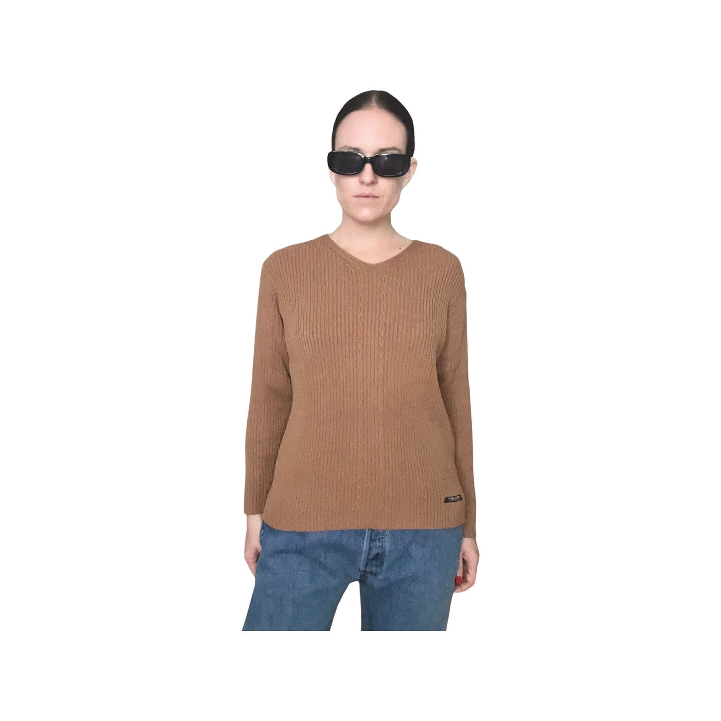 Brown Ribbed Sweater, Y2K, Point Zero Sweater, Vneck Long Sleeve Pull Over, Jumper, Tan Brown Fall Sweater