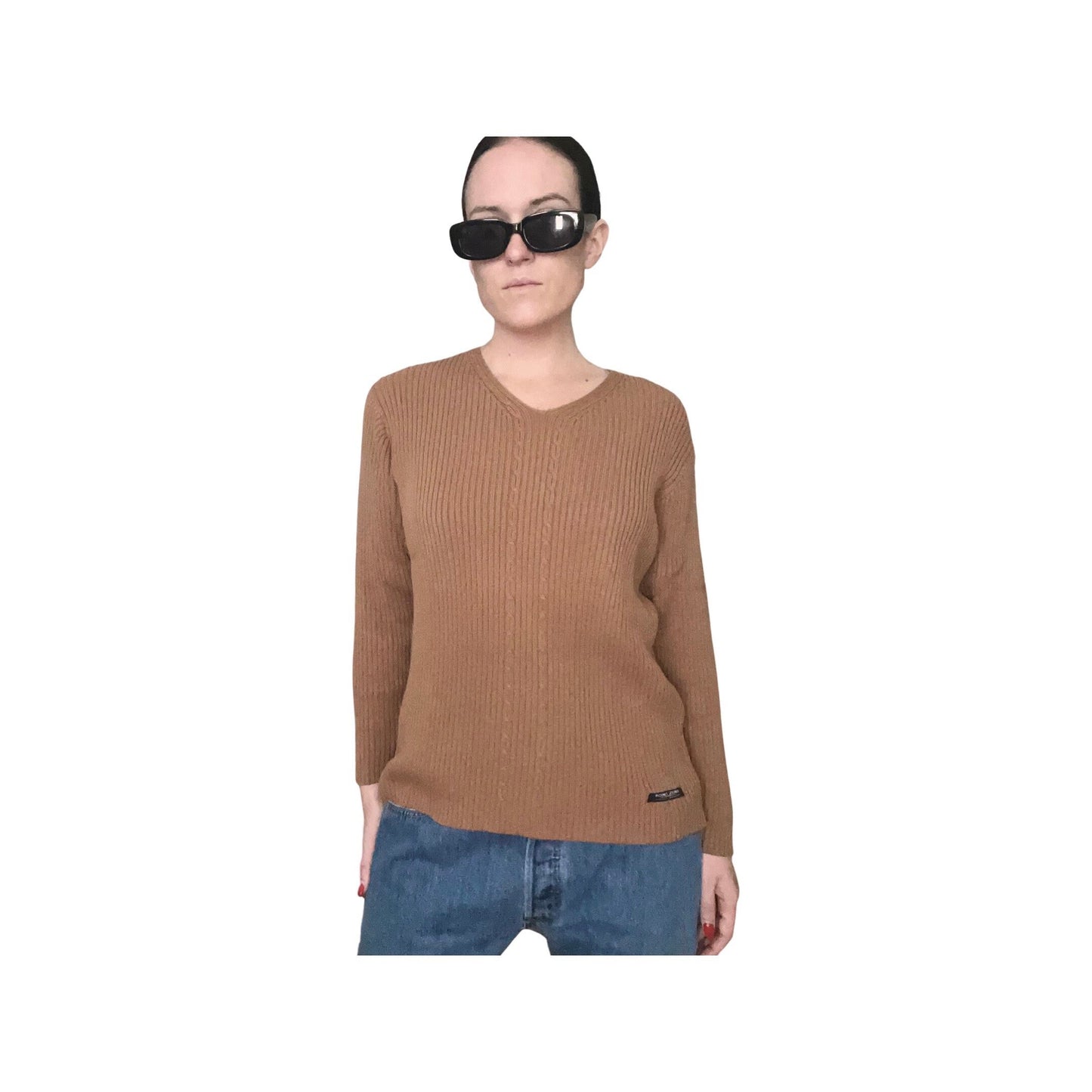 Brown Ribbed Sweater, Y2K, Point Zero Sweater, Vneck Long Sleeve Pull Over, Jumper, Tan Brown Fall Sweater