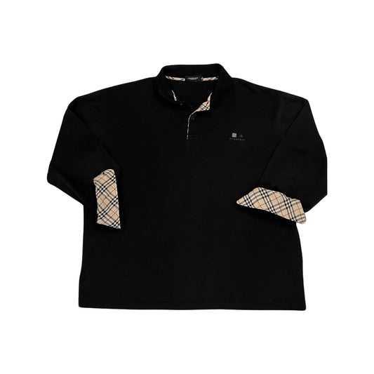 Burberry Vintage Long Sleeve Polo, Tartan Print, Black Long Sleeve Polo, XL