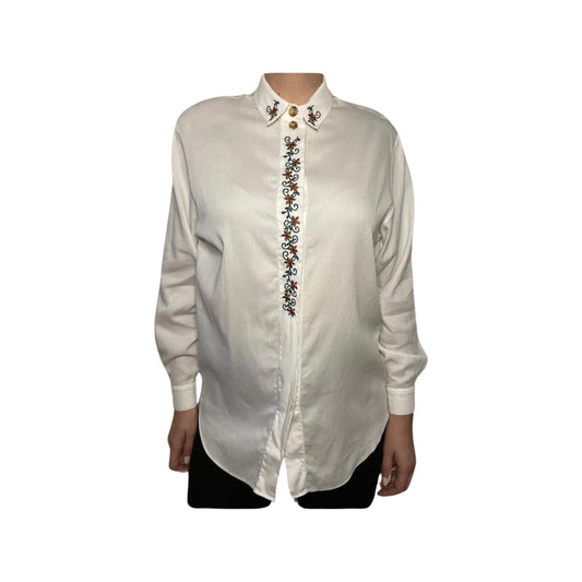 Vintage embroidered blouse, white button down, size Medium, long sleeve button up top, made in Turkey, cuffed dress shirt
