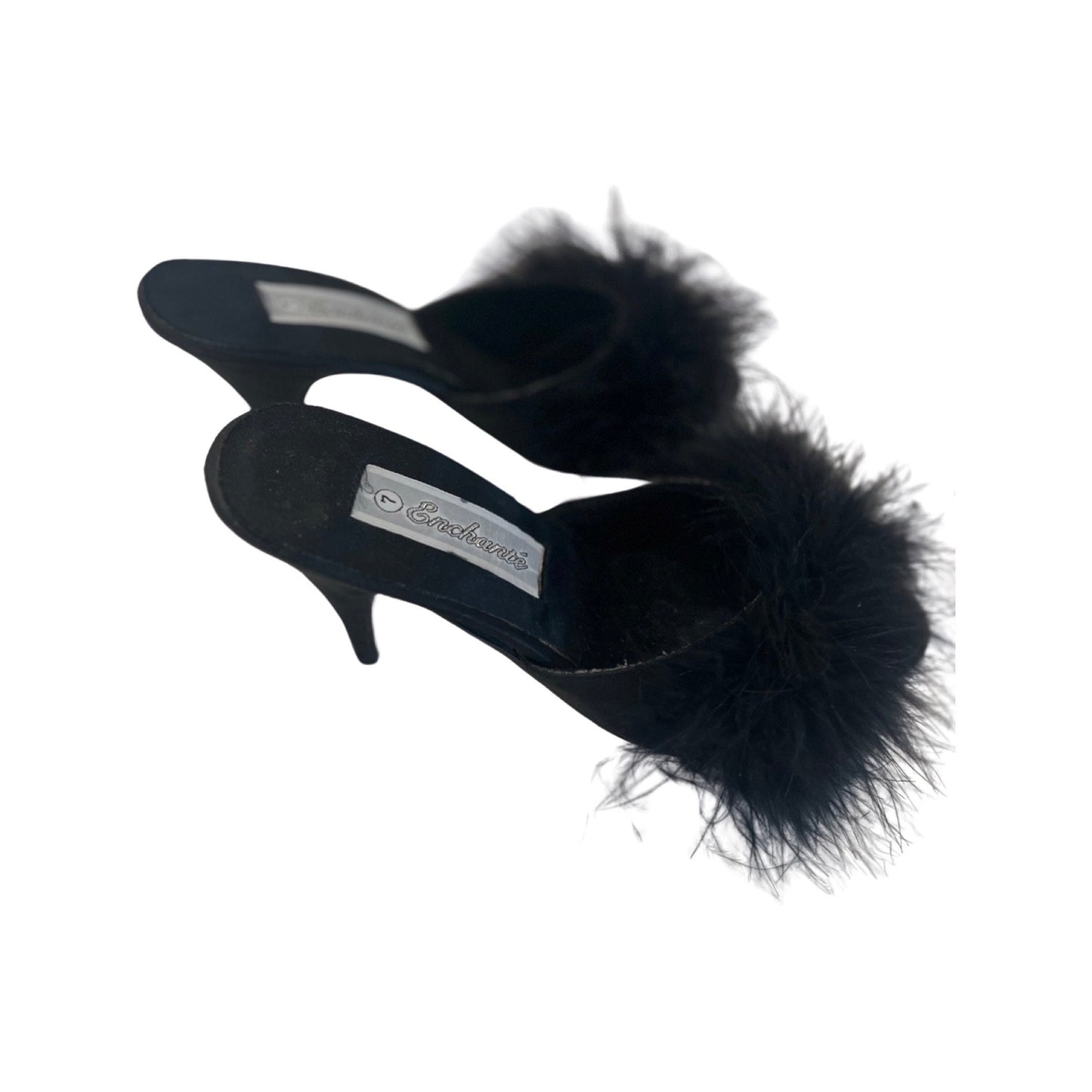 Vintage Black Satin Kitten Heels with Faux Fur - Size 37 (US 7) - Classic Elegance