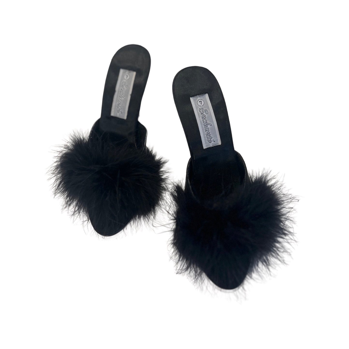 Vintage Black Satin Kitten Heels with Faux Fur - Size 37 (US 7) - Classic Elegance