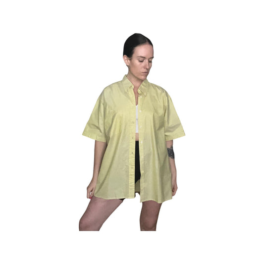 DIOR Vintage Button Down, Yellow, Windowpane, Gingham, Short Sleeve Button Up Blouse, Oversized Cotton, Streetwear