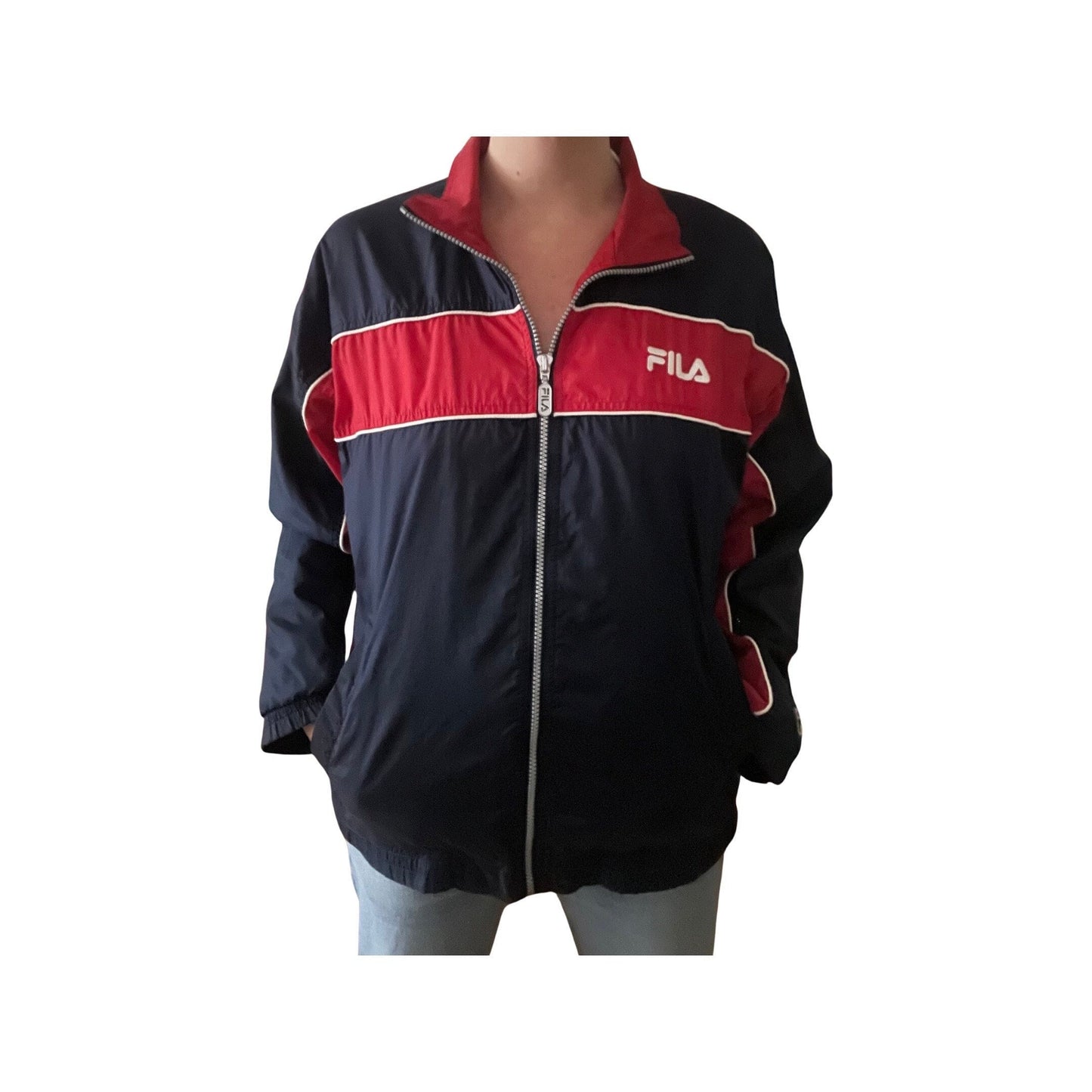 Y2K Fila Windbreaker Jacket - Rain Coat, Size Medium, Vintage Streetwear, Blue/Red/White Accents